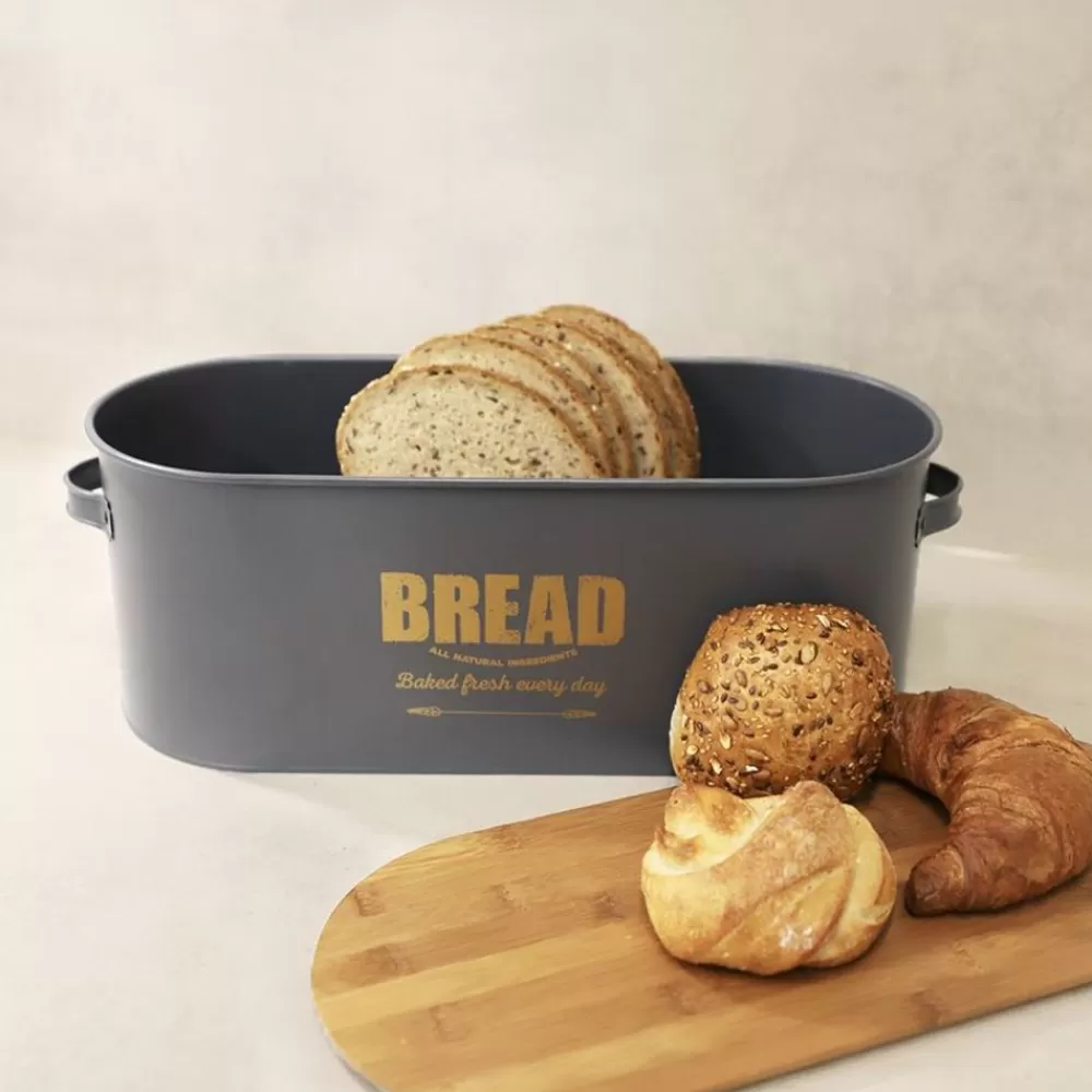 TP Küchenhelfer^Brotkasten Bread 46X16X18Cm Dunkelgrau Mit Holzdeckel