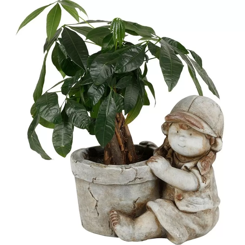 TP Gartenfiguren^Dekofigur Kind Mit Blumentopf 30X26Cm Grau