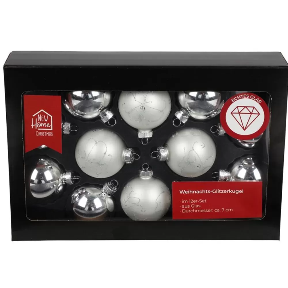 New Home Christmas Weihnachtsbaumkugeln^Glitzerkugeln 12Er-Set 7Cm Silber