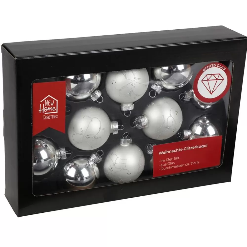 New Home Christmas Weihnachtsbaumkugeln^Glitzerkugeln 12Er-Set 7Cm Silber