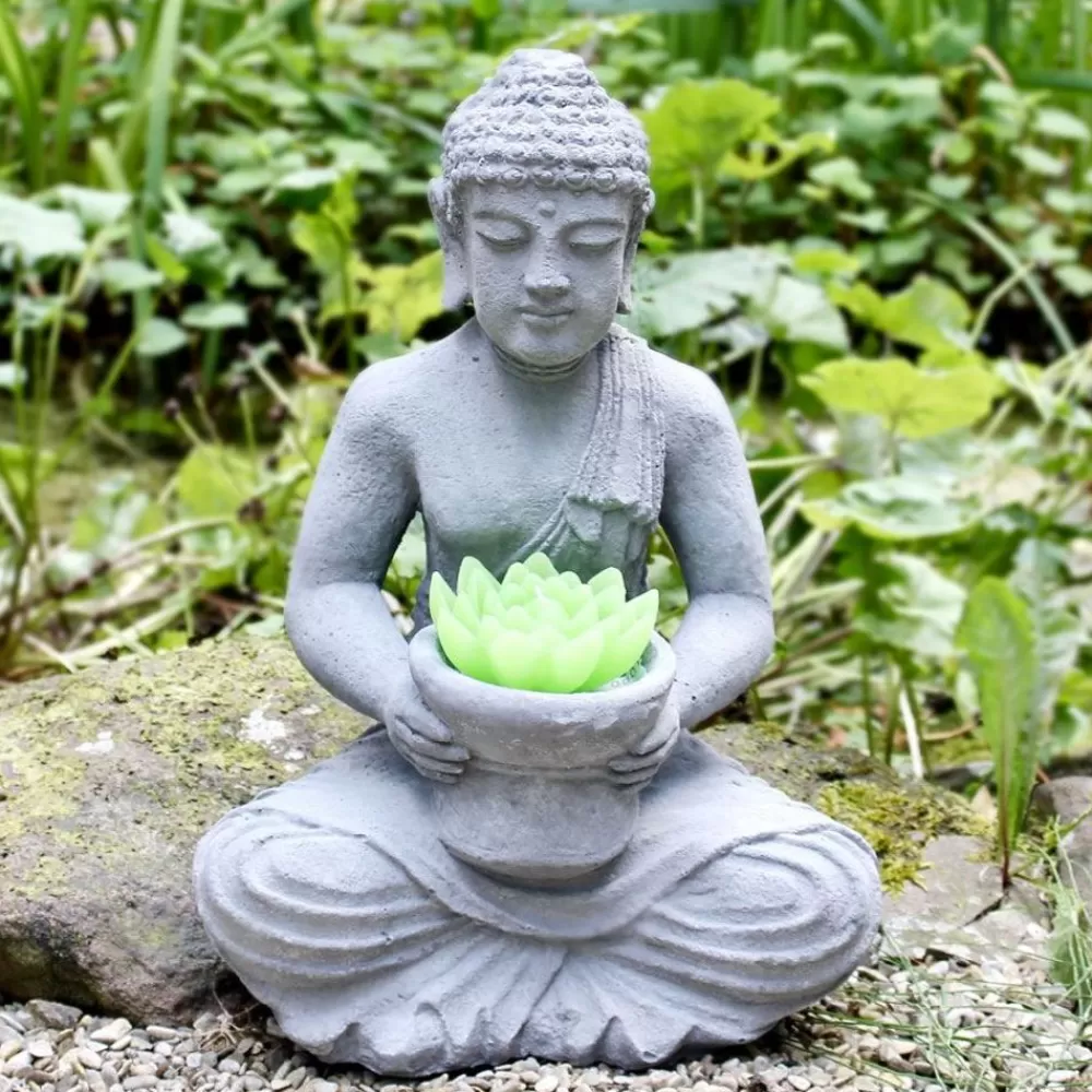 TP Gartenfiguren^Sitzender Buddha Aus Beton Mit Lotusblutenkerze 30X38X32Cm